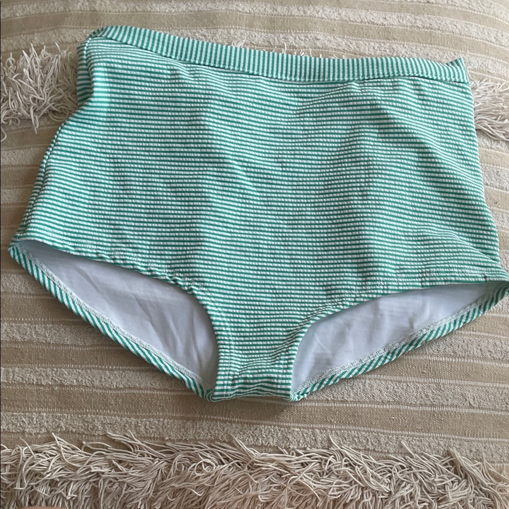 Seea Olea Green and White Striped High-Waisted Swim Bottoms